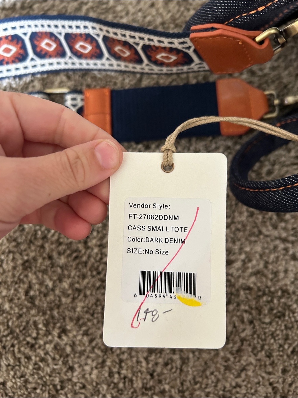 HOBO Denim Top-Handle Bag with Patterned Navy & Rust Strap - Picture 6 of 6